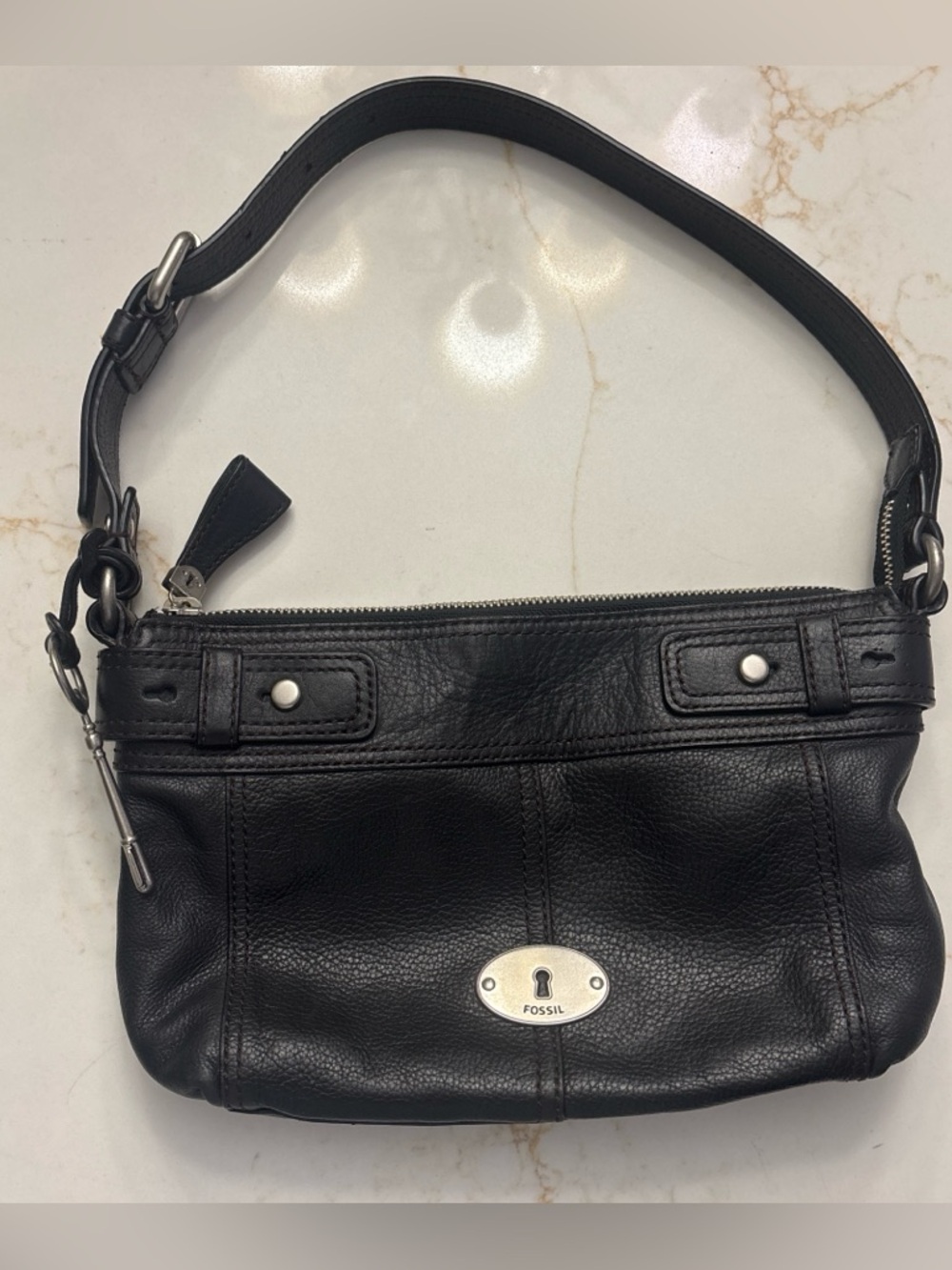 Fossil Black Leather Shoulder Bag with Silver Hardware